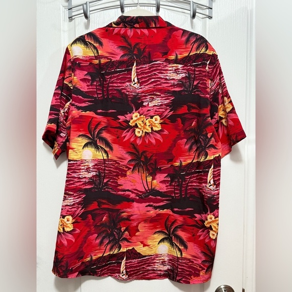 Hawaiian vacation button down Shirt mens L blouse red sunset Hawaii island beach - Picture 2 of 15